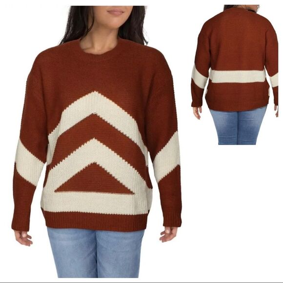 Derek Heart Drop Shoulder Pullover Sweater Chocolate Brown Off-White Casual Top - Picture 1 of 12